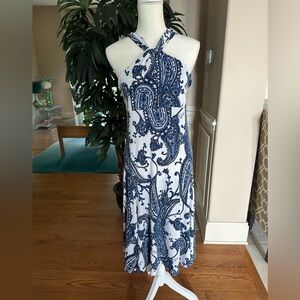 💙💙Michael Kors SHARP Navy & White Paisley Halter Twist Neckline Midi Dress M💙💙